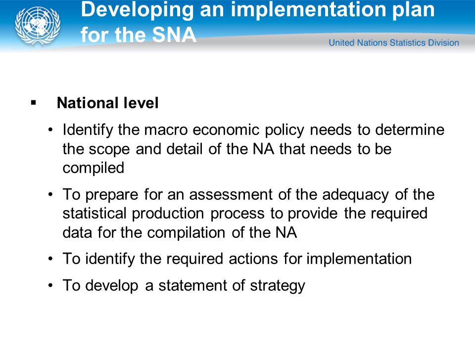  National level Identify the macro economic policy needs to determine the scope and detail of the NA that needs to be compiled To prepare for an assessment of the adequacy of the statistical production process to provide the required data for the compilation of the NA To identify the required actions for implementation To develop a statement of strategy Developing an implementation plan for the SNA