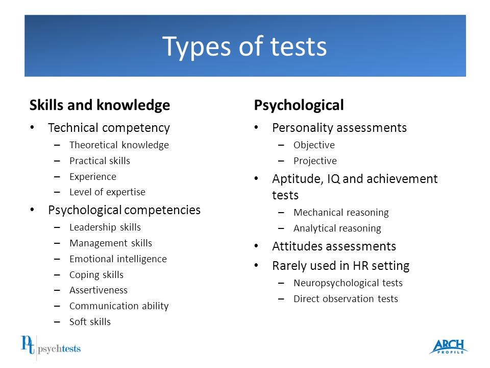 Types of tests Skills and knowledge Technical competency - Theoretical know...