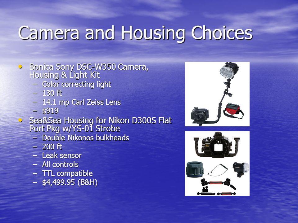 Camera and Housing Choices Bonica Sony DSC-W350 Camera, Housing & Light Kit Bonica Sony DSC-W350 Camera, Housing & Light Kit –Color correcting light –130 ft –14.1 mp Carl Zeiss Lens –$919 Sea&Sea Housing for Nikon D300S Flat Port Pkg w/YS-01 Strobe Sea&Sea Housing for Nikon D300S Flat Port Pkg w/YS-01 Strobe –Double Nikonos bulkheads –200 ft –Leak sensor –All controls –TTL compatible –$4, (B&H)