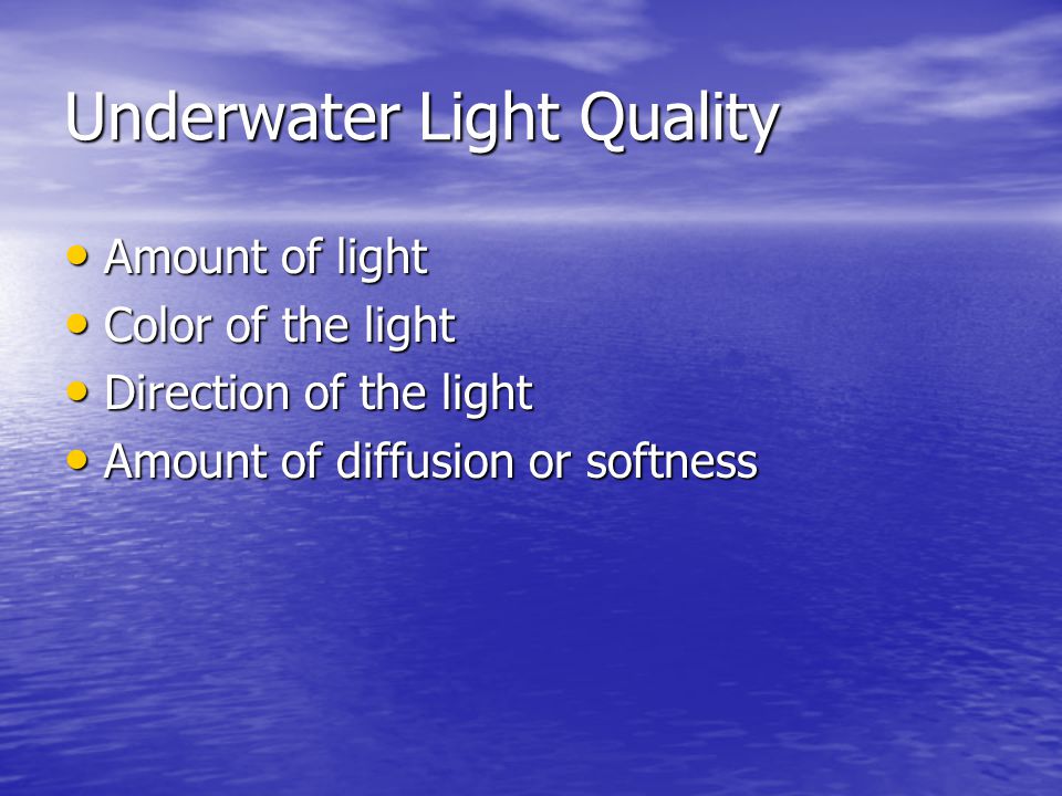 Underwater Light Quality Amount of light Amount of light Color of the light Color of the light Direction of the light Direction of the light Amount of diffusion or softness Amount of diffusion or softness