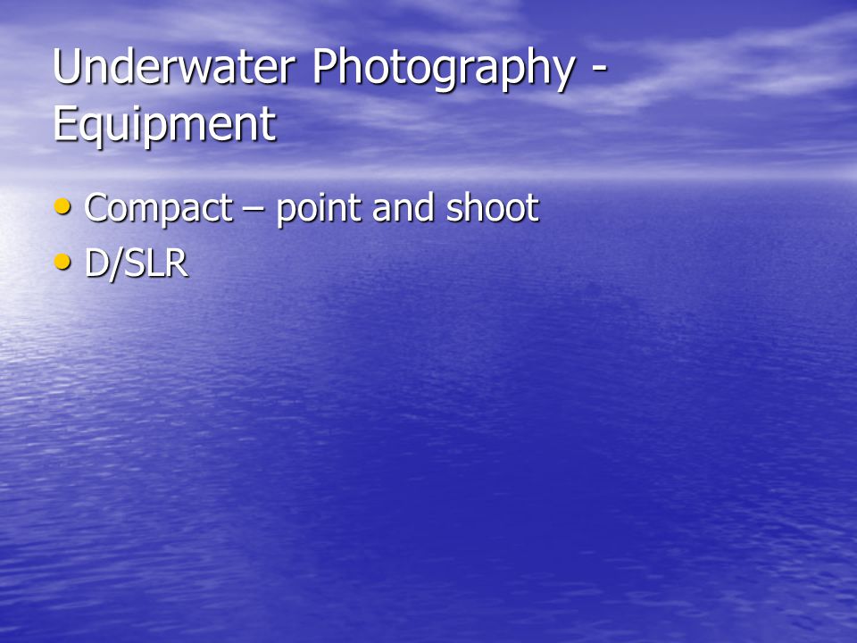 Underwater Photography - Equipment Compact – point and shoot Compact – point and shoot D/SLR D/SLR