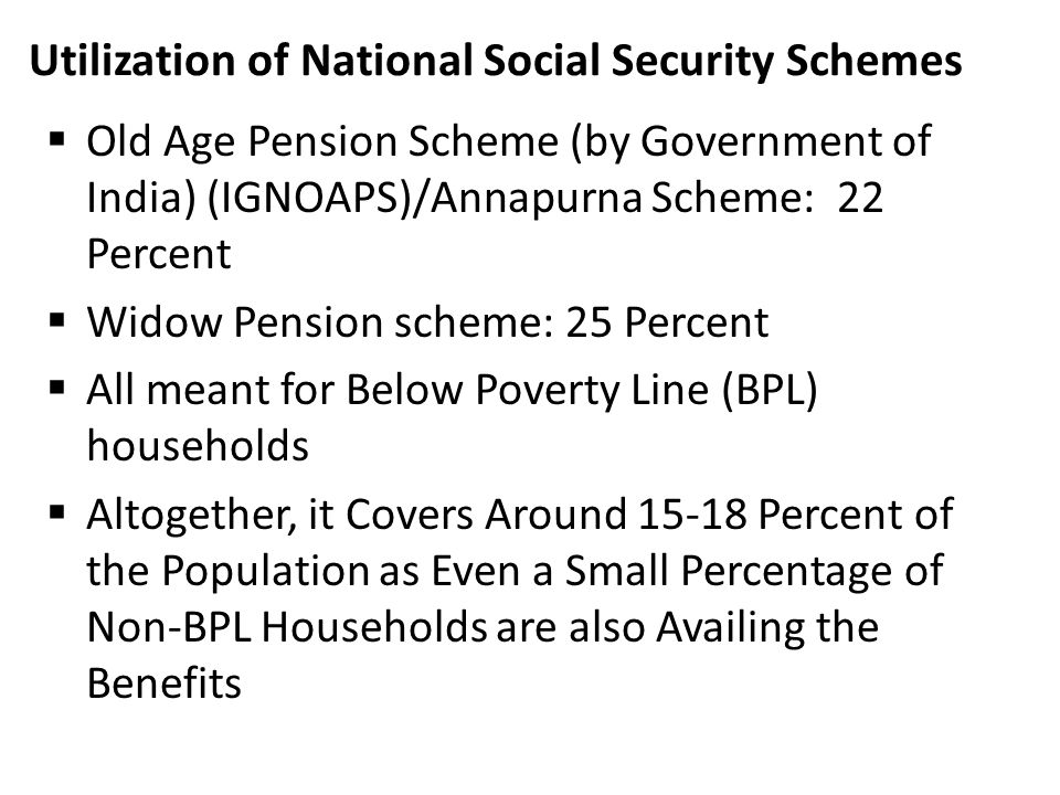 Utilization of National Social Security Schemes  Old Age Pension Scheme (by Government of India) (IGNOAPS)/Annapurna Scheme: 22 Percent  Widow Pension scheme: 25 Percent  All meant for Below Poverty Line (BPL) households  Altogether, it Covers Around Percent of the Population as Even a Small Percentage of Non-BPL Households are also Availing the Benefits