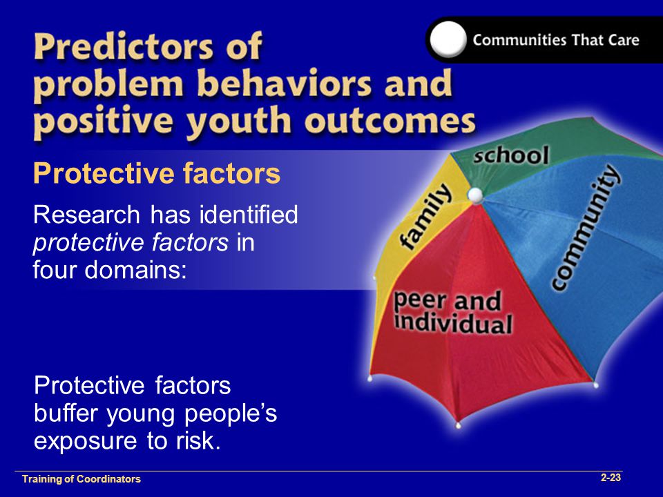 1-2 Training of Process Facilitators Research has identified protective factors in four domains: Protective factors buffer young people’s exposure to risk.