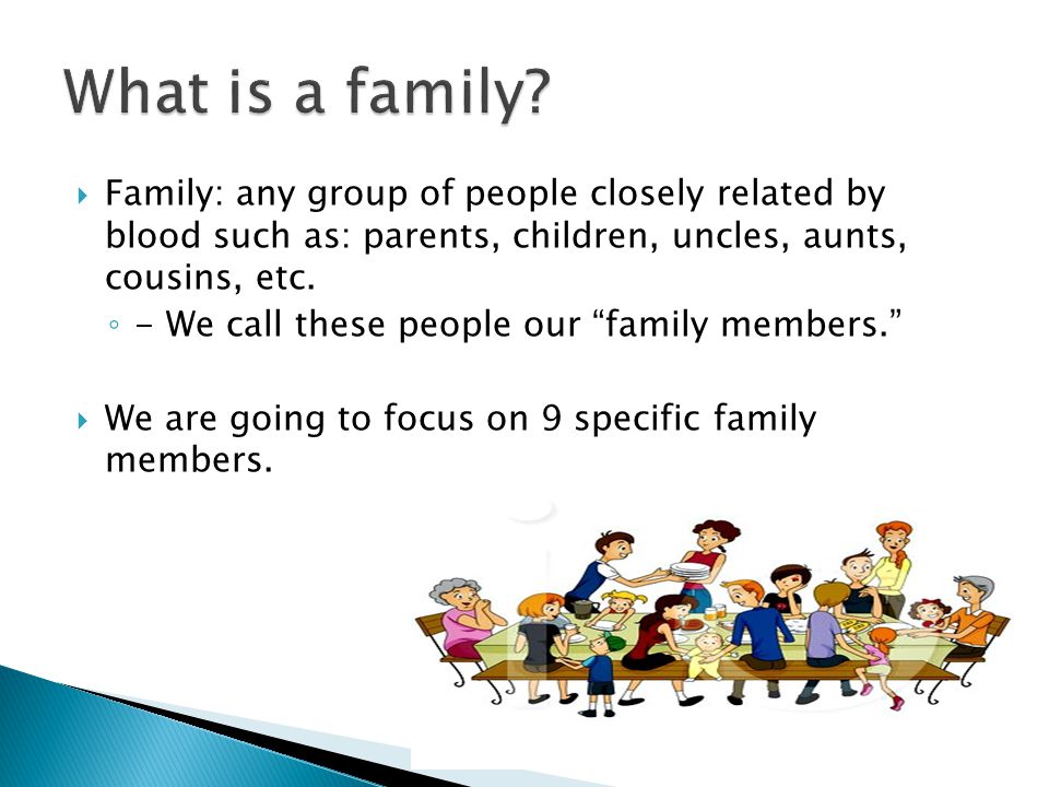  Family: any group of people closely related by blood such as: parents, children, uncles, aunts, cousins, etc.
