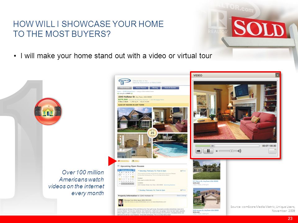 I will make your home stand out with a video or virtual tour Over 100 million Americans watch videos on the internet every month 23 Source: comScore Media Metrix, Unique Users, November 2009