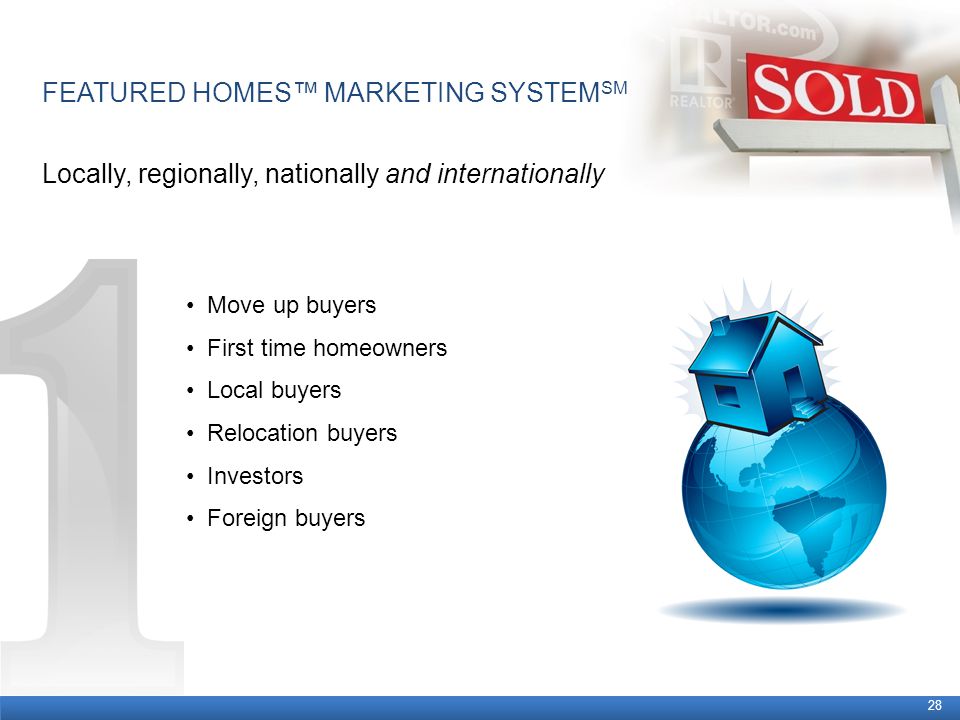 FEATURED HOMES™ MARKETING SYSTEM SM Locally, regionally, nationally and internationally 28 Move up buyers First time homeowners Local buyers Relocation buyers Investors Foreign buyers
