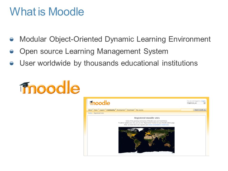 What is Moodle Modular Object-Oriented Dynamic Learning Environment Open source Learning Management System User worldwide by thousands educational institutions
