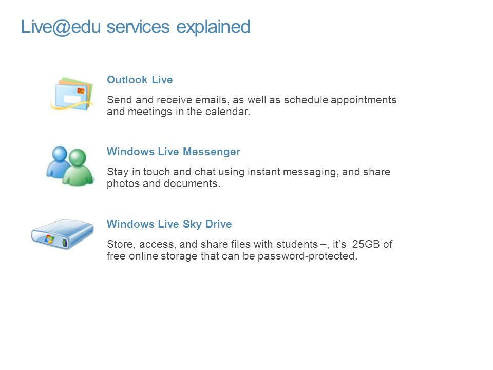 services explained Outlook Live Send and receive  s, as well as schedule appointments and meetings in the calendar.