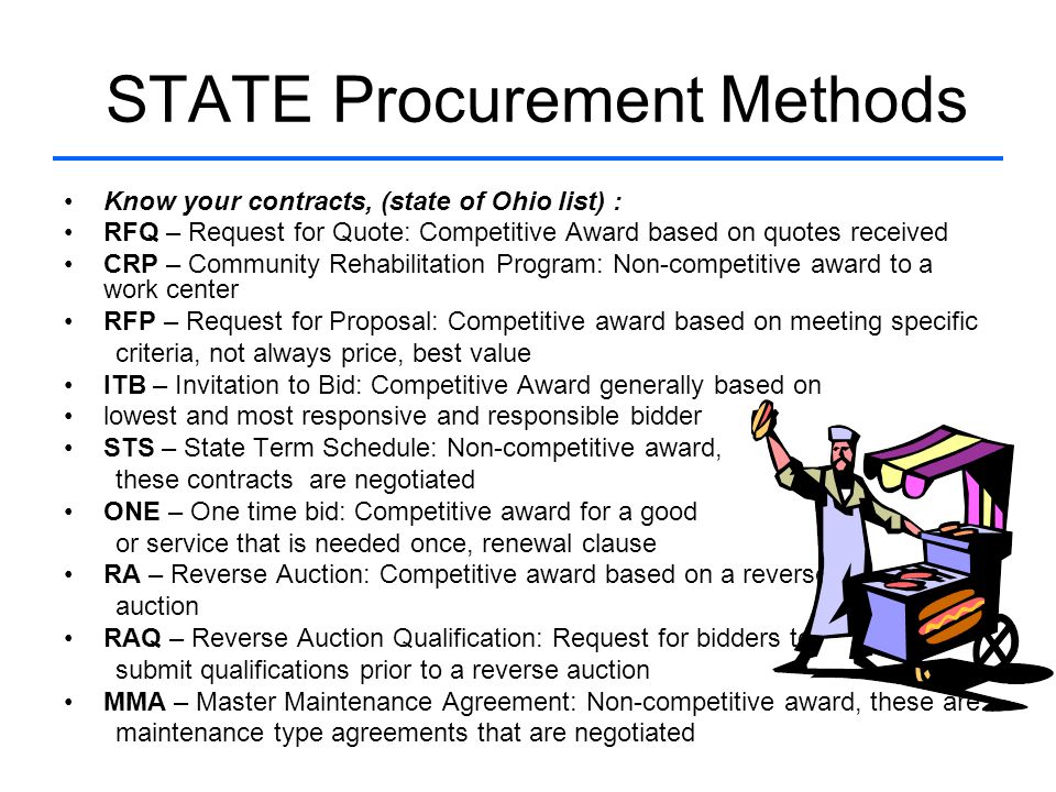 STATE Procurement Methods Know your contracts, (state of Ohio list) : RFQ – Request for Quote: Competitive Award based on quotes received CRP – Community Rehabilitation Program: Non-competitive award to a work center RFP – Request for Proposal: Competitive award based on meeting specific criteria, not always price, best value ITB – Invitation to Bid: Competitive Award generally based on lowest and most responsive and responsible bidder STS – State Term Schedule: Non-competitive award, these contracts are negotiated ONE – One time bid: Competitive award for a good or service that is needed once, renewal clause RA – Reverse Auction: Competitive award based on a reverse auction RAQ – Reverse Auction Qualification: Request for bidders to submit qualifications prior to a reverse auction MMA – Master Maintenance Agreement: Non-competitive award, these are maintenance type agreements that are negotiated