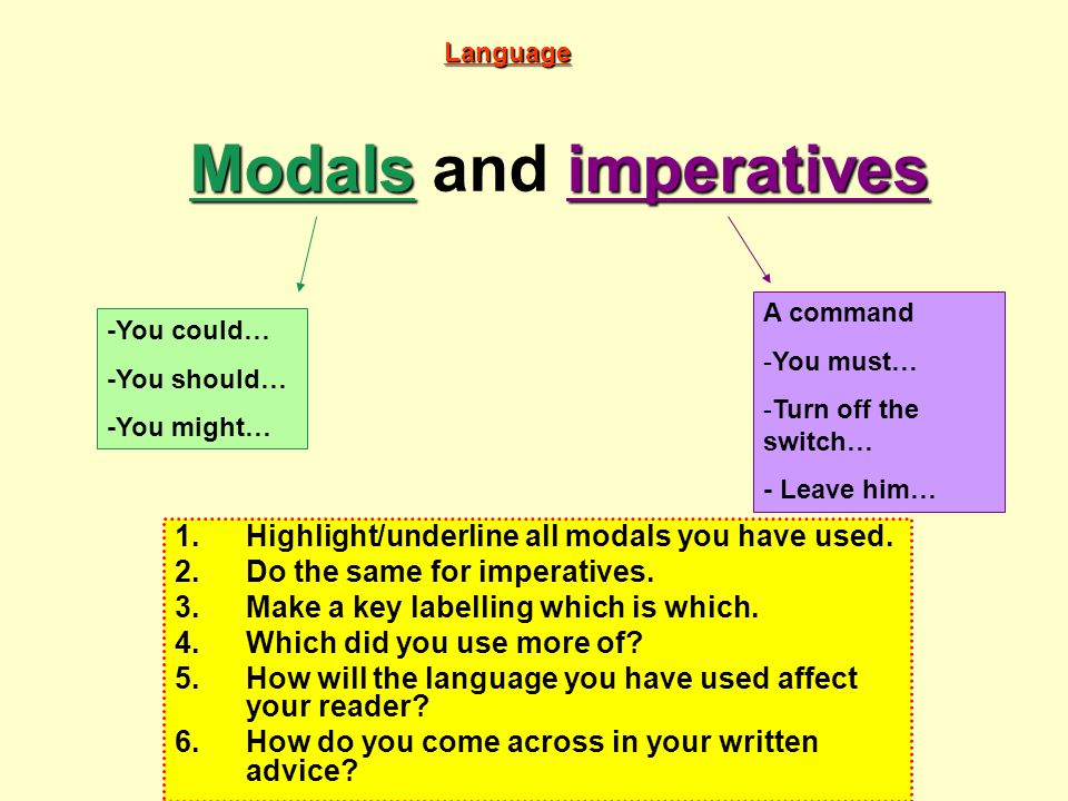 Modals imperatives Modals and imperatives 1.Highlight/underline all modals you have used.