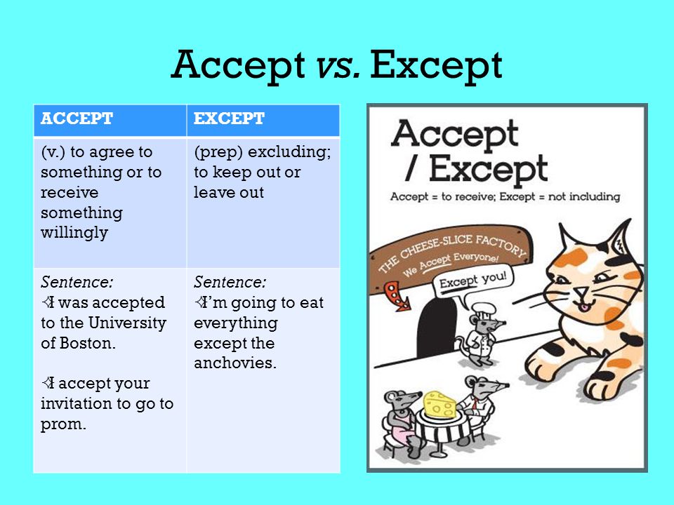 Accept перевод с английского. Accept предлог. Accept except разница. Accept except перевод. Предложения с except примеры.