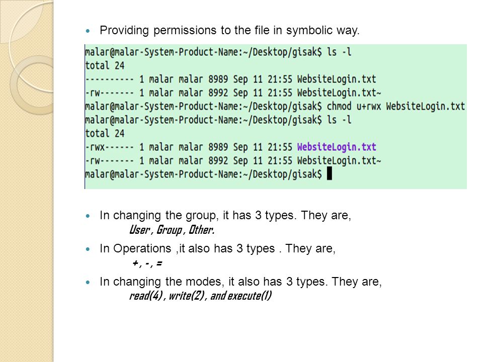 Providing permissions to the file in symbolic way.