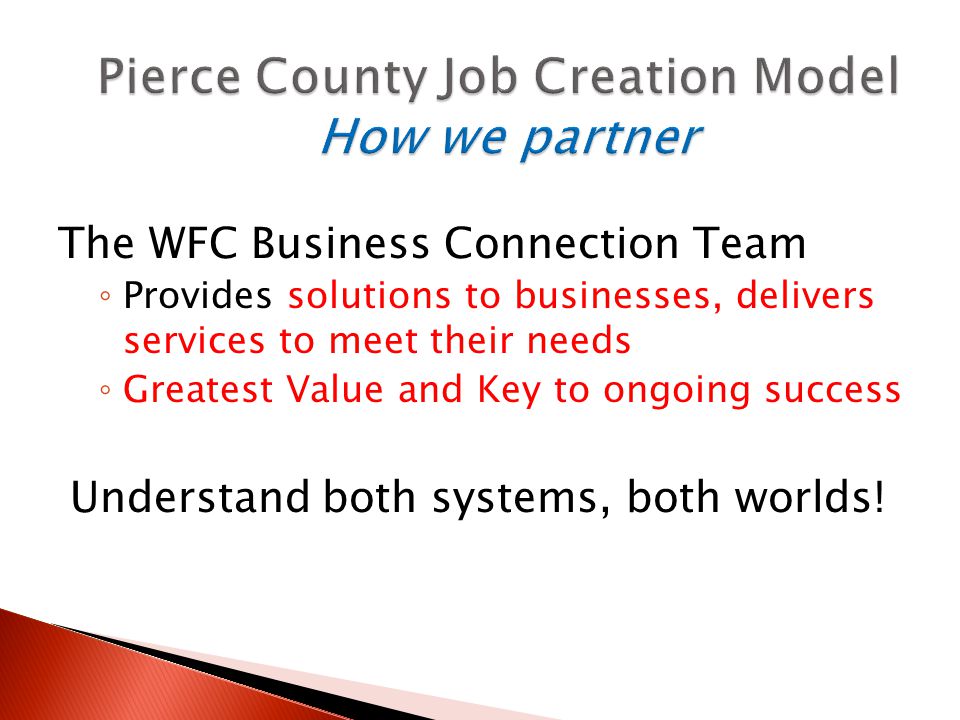 The WFC Business Connection Team ◦ Provides solutions to businesses, delivers services to meet their needs ◦ Greatest Value and Key to ongoing success Understand both systems, both worlds!