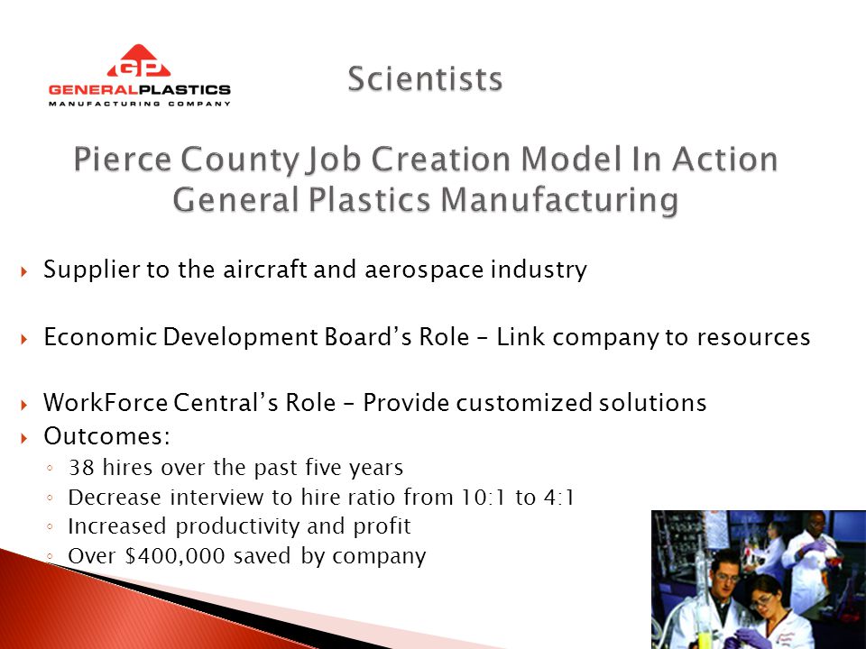  Supplier to the aircraft and aerospace industry  Economic Development Board’s Role – Link company to resources  WorkForce Central’s Role – Provide customized solutions  Outcomes: ◦ 38 hires over the past five years ◦ Decrease interview to hire ratio from 10:1 to 4:1 ◦ Increased productivity and profit ◦ Over $400,000 saved by company