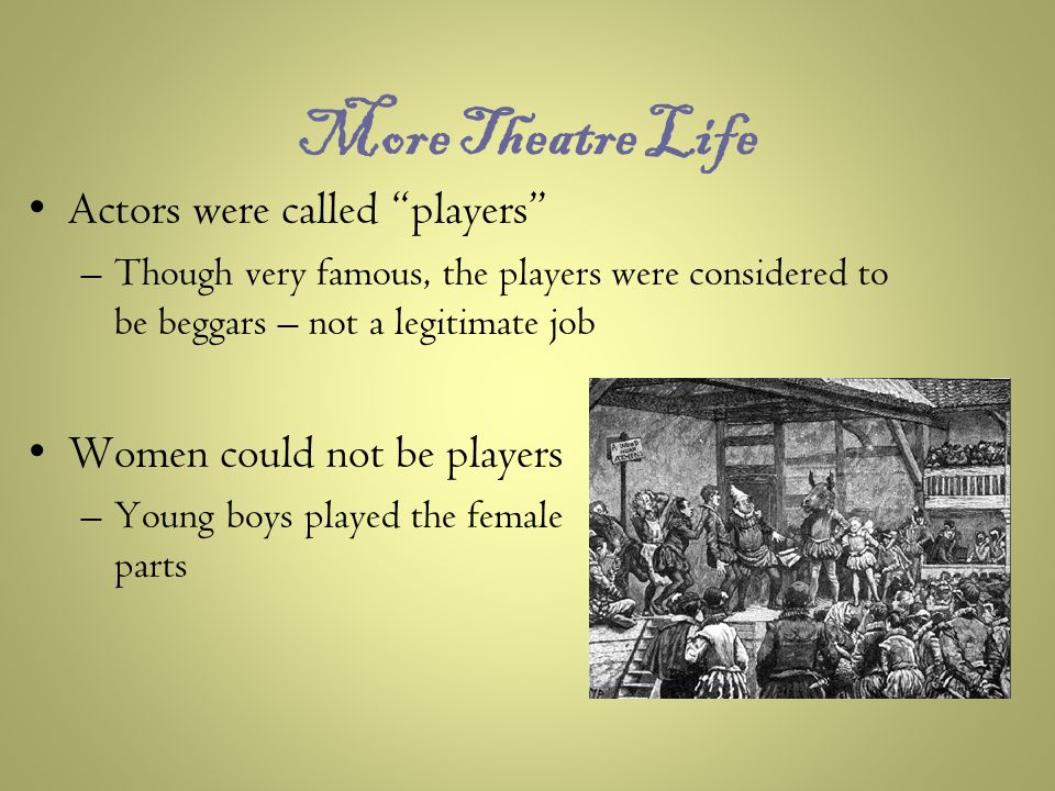 More Theatre Life Actors were called players –Though very famous, the players were considered to be beggars – not a legitimate job Women could not be players –Young boys played the female parts