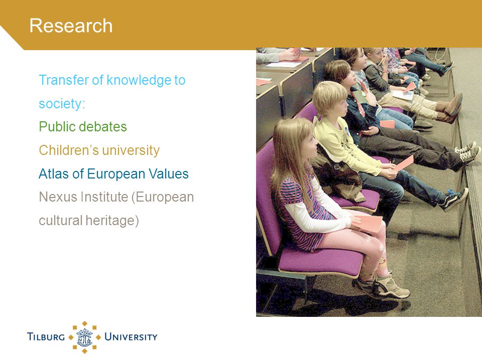 Transfer of knowledge to society: Public debates Children’s university Atlas of European Values Nexus Institute (European cultural heritage) Research