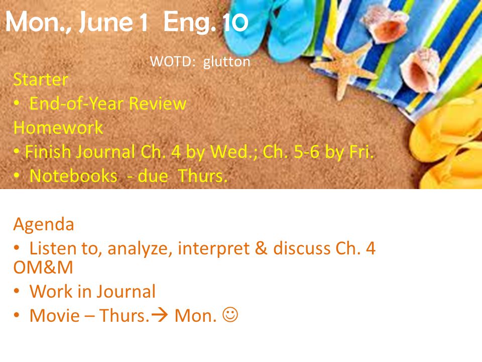 Mon., June 1 Eng. 10 WOTD: glutton Starter End-of-Year Review Homework Finish Journal Ch.