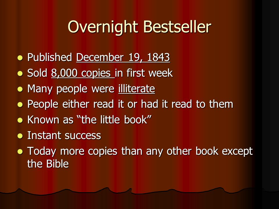 Overnight Bestseller Published December 19, 1843 Published December 19, 1843 Sold 8,000 copies in first week Sold 8,000 copies in first week Many people were illiterate Many people were illiterate People either read it or had it read to them People either read it or had it read to them Known as the little book Known as the little book Instant success Instant success Today more copies than any other book except the Bible Today more copies than any other book except the Bible
