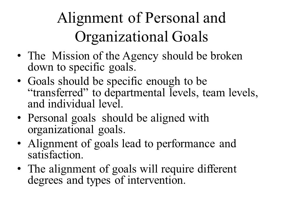 Alignment of Personal and Organizational Goals The Mission of the Agency should be broken down to specific goals.