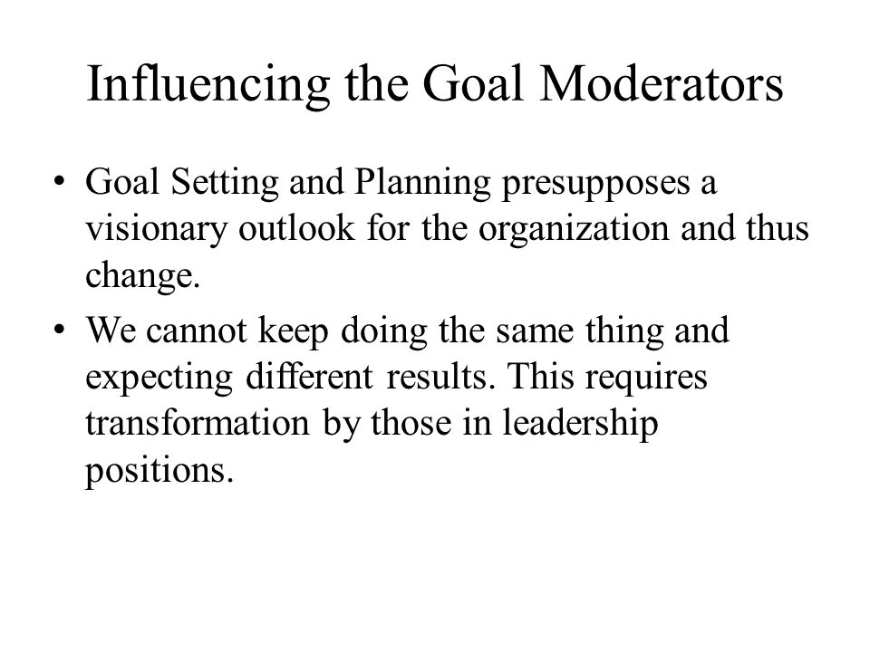 Influencing the Goal Moderators Goal Setting and Planning presupposes a visionary outlook for the organization and thus change.