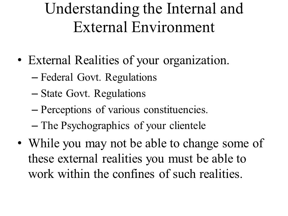 Understanding the Internal and External Environment External Realities of your organization.