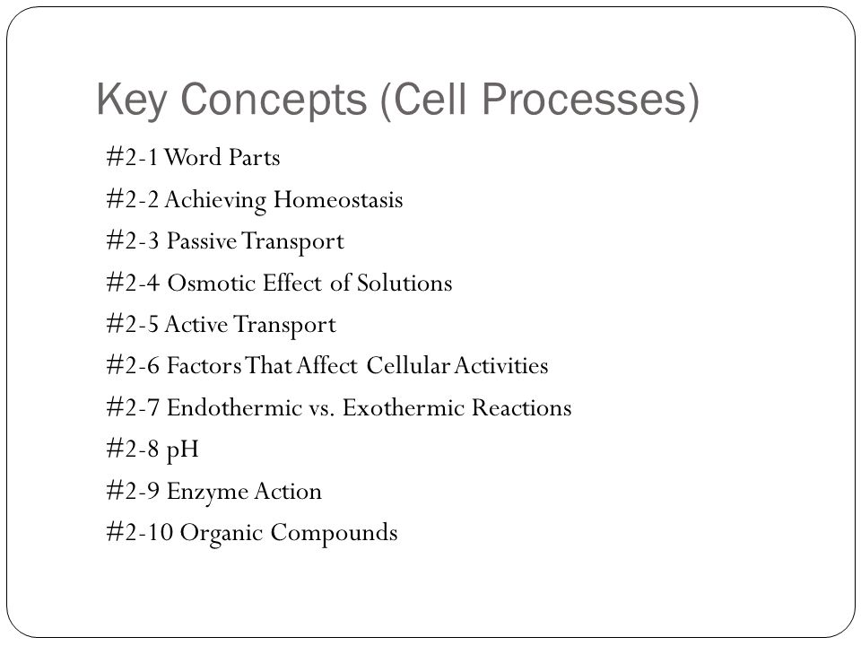 Key Concepts (Cell Processes) #2-1 Word Parts #2-2 Achieving Homeostasis #2-3 Passive Transport #2-4 Osmotic Effect of Solutions #2-5 Active Transport #2-6 Factors That Affect Cellular Activities #2-7 Endothermic vs.