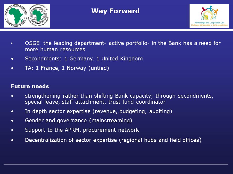 Way Forward OSGE the leading department- active portfolio- in the Bank has a need for more human resources Secondments: 1 Germany, 1 United Kingdom TA: 1 France, 1 Norway (untied) Future needs strengthening rather than shifting Bank capacity; through secondments, special leave, staff attachment, trust fund coordinator In depth sector expertise (revenue, budgeting, auditing) Gender and governance (mainstreaming) Support to the APRM, procurement network Decentralization of sector expertise (regional hubs and field offices )