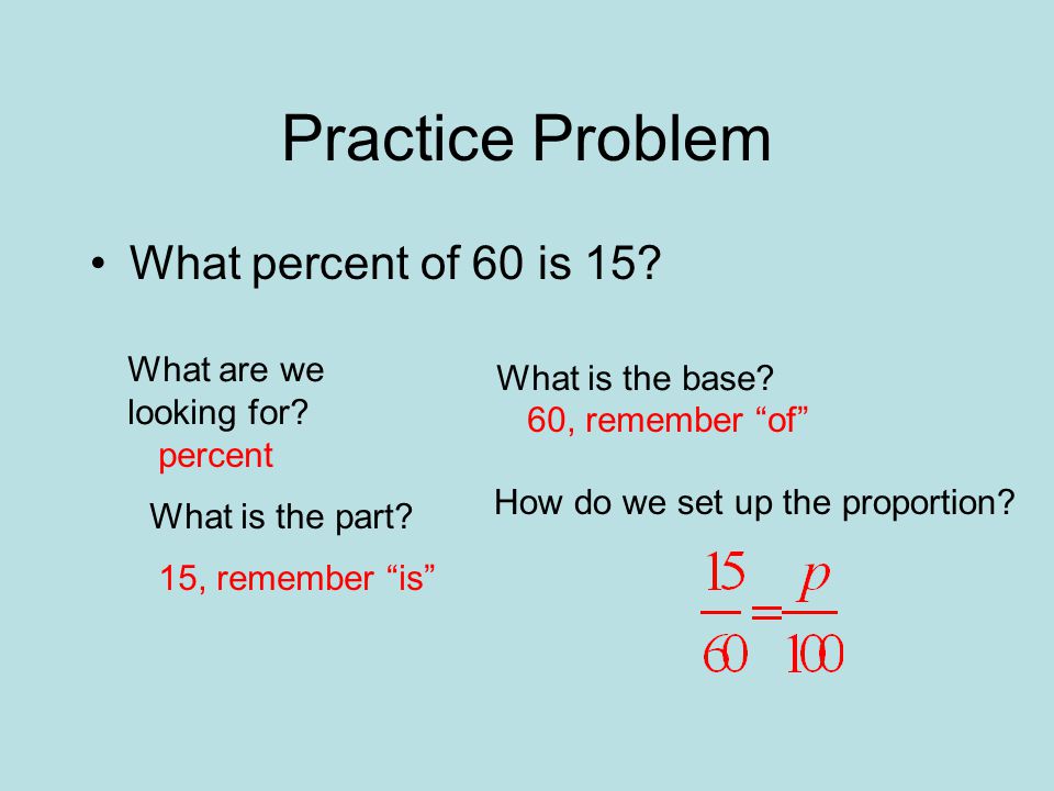 Practice Problem What percent of 60 is 15. What are we looking for.