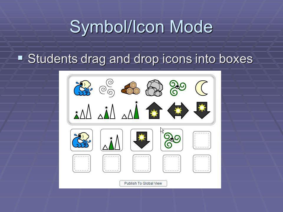 Symbol/Icon Mode  Students drag and drop icons into boxes