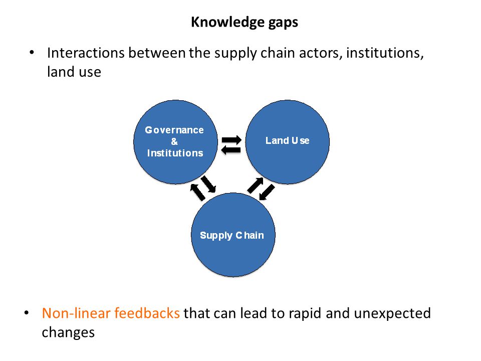 Interactions between the supply chain actors, institutions, land use Knowledge gaps Non-linear feedbacks that can lead to rapid and unexpected changes