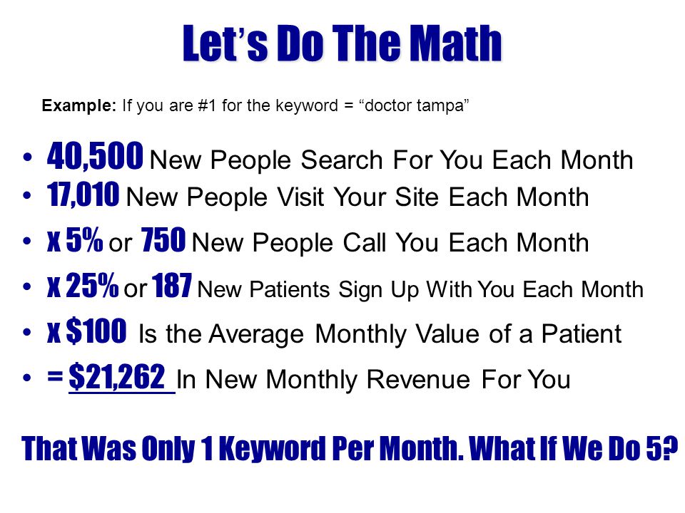 Let’s Do The Math 40,500 New People Search For You Each Month 17,010 New People Visit Your Site Each Month x 5% or 750 New People Call You Each Month x 25% or 187 New Patients Sign Up With You Each Month x $100 Is the Average Monthly Value of a Patient = $21,262 In New Monthly Revenue For You That Was Only 1 Keyword Per Month.