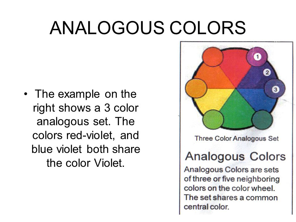 ANALOGOUS COLORS The example on the right shows a 3 color analogous set.
