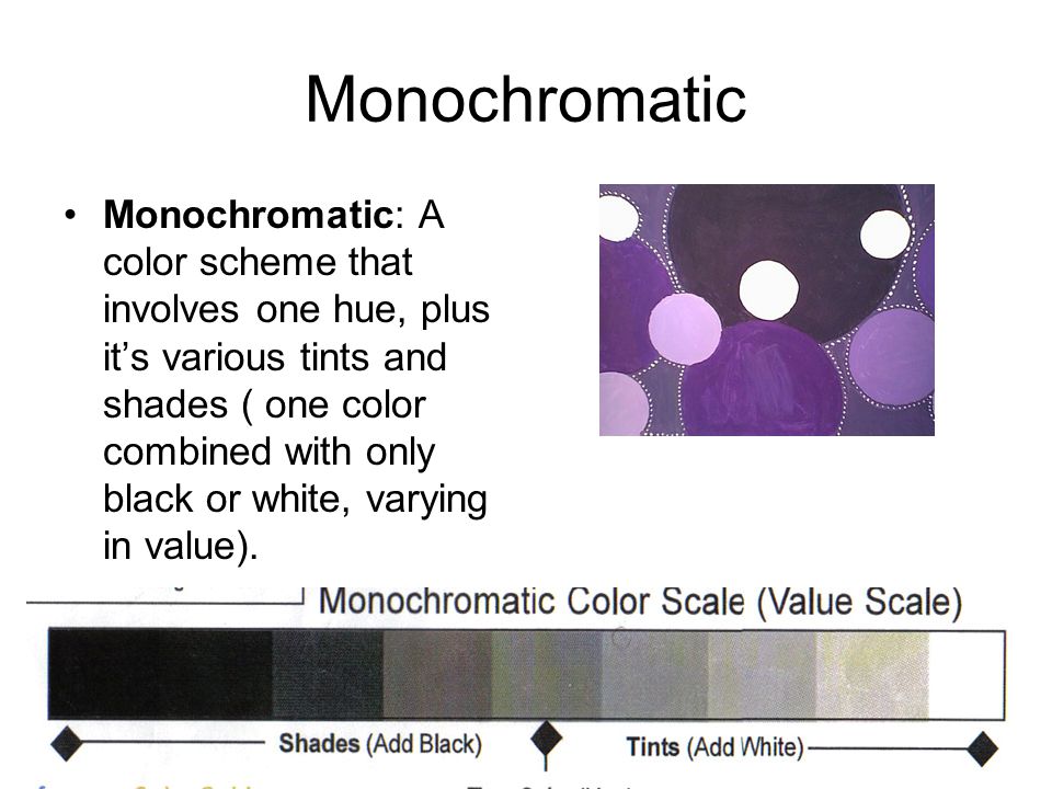 Monochromatic Monochromatic: A color scheme that involves one hue, plus it’s various tints and shades ( one color combined with only black or white, varying in value).