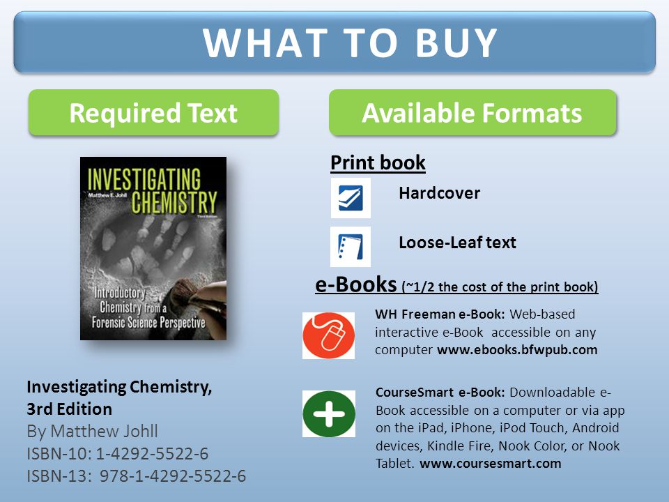 Required Text Available Formats Hardcover WH Freeman e-Book: Web-based interactive e-Book accessible on any computer   WHAT TO BUY Investigating Chemistry, 3rd Edition By Matthew Johll ISBN-10: ISBN-13: CourseSmart e-Book: Downloadable e- Book accessible on a computer or via app on the iPad, iPhone, iPod Touch, Android devices, Kindle Fire, Nook Color, or Nook Tablet.