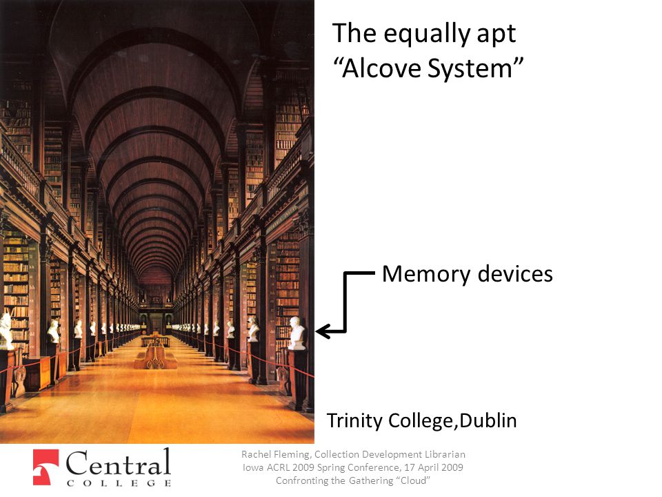 Rachel Fleming, Collection Development Librarian Iowa ACRL 2009 Spring Conference, 17 April 2009 Confronting the Gathering Cloud The equally apt Alcove System Trinity College,Dublin Memory devices