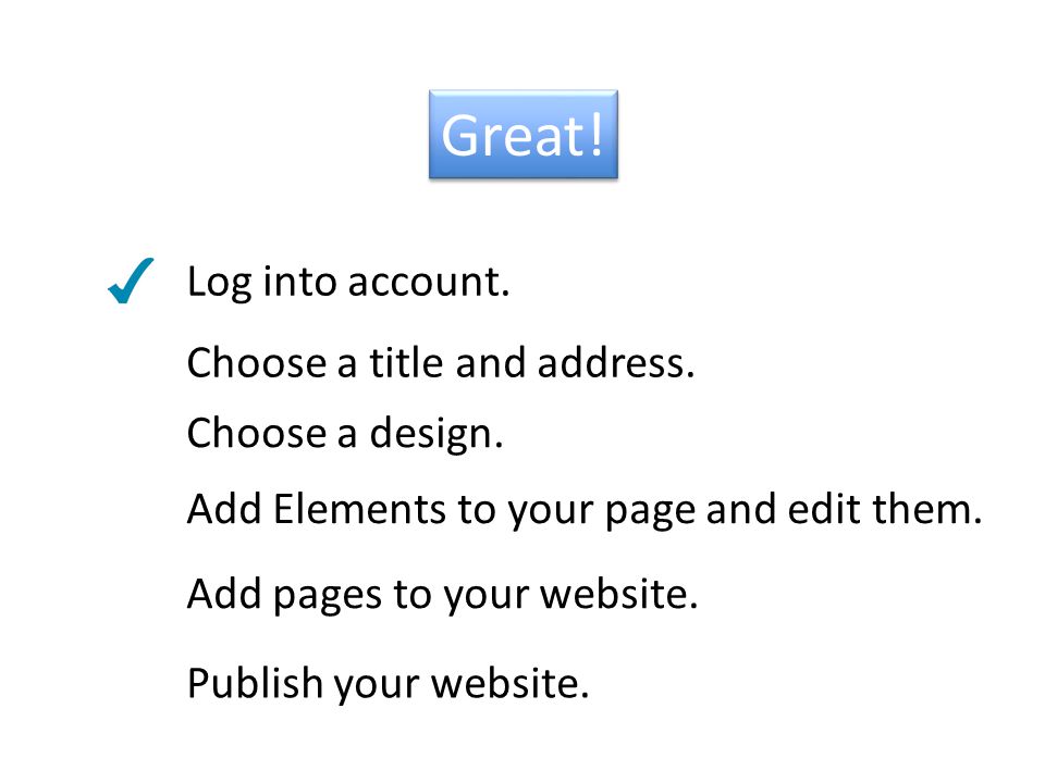 Great. Log into account. Add Elements to your page and edit them.