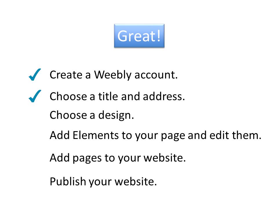 Great. Create a Weebly account. Add Elements to your page and edit them.