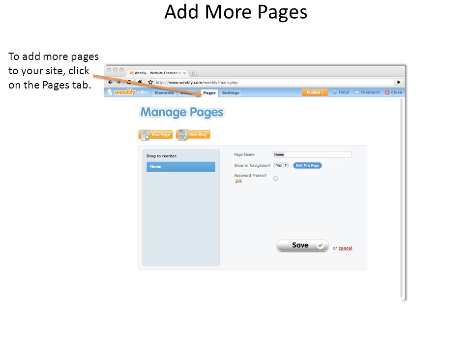 Add More Pages To add more pages to your site, click on the Pages tab.