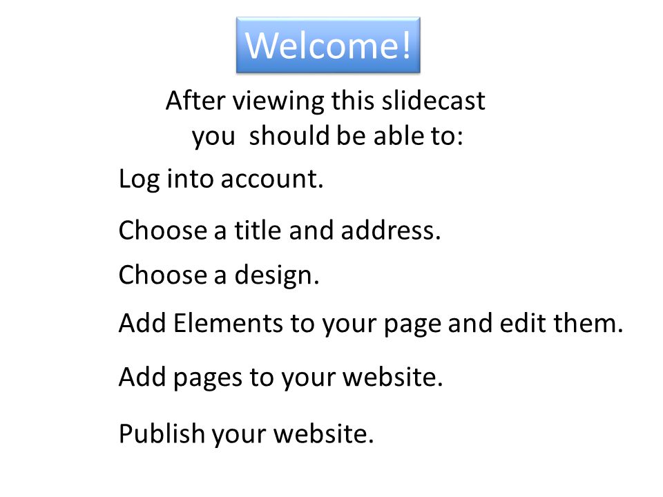 Welcome. Add Elements to your page and edit them.