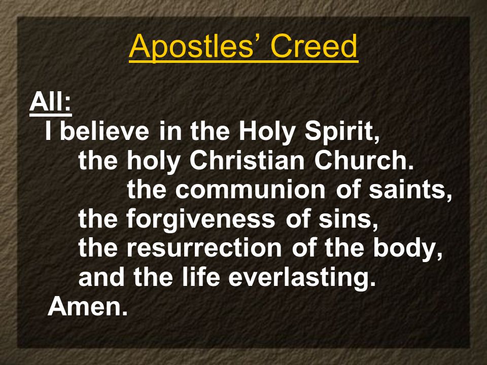 Apostles’ Creed All: I believe in the Holy Spirit, the holy Christian Church.