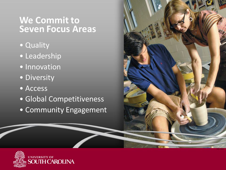 We Commit to Seven Focus Areas Quality Leadership Innovation Diversity Access Global Competitiveness Community Engagement NOV 2011