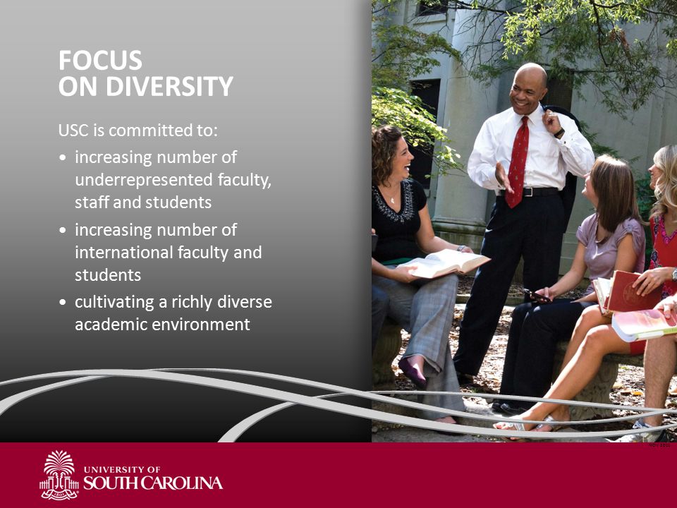 FOCUS ON DIVERSITY USC is committed to: increasing number of underrepresented faculty, staff and students increasing number of international faculty and students cultivating a richly diverse academic environment NOV 2011