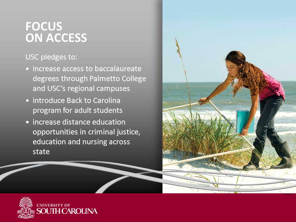 FOCUS ON ACCESS USC pledges to: increase access to baccalaureate degrees through Palmetto College and USC’s regional campuses introduce Back to Carolina program for adult students increase distance education opportunities in criminal justice, education and nursing across state NOV 2011