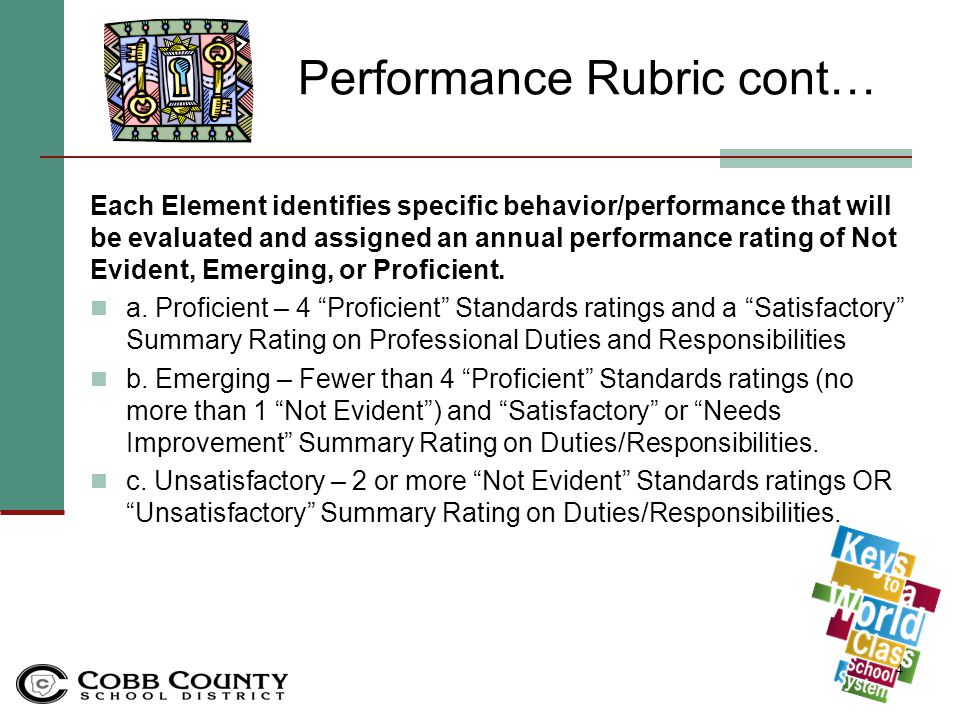 Performance Rubric The Cobb Keys Leader’s Performance Standard Rubric establishes the 8 Standards which are the framework for the evaluation instrument used to assess a Leader’s annual performance.