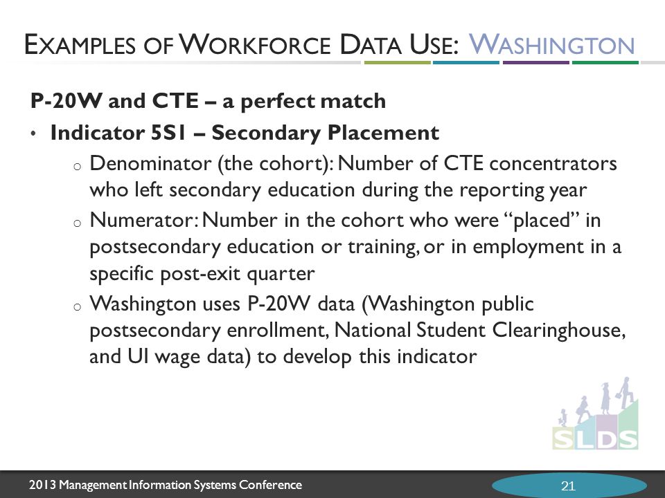 2013 Management Information Systems Conference E XAMPLES OF W ORKFORCE D ATA U SE : W ASHINGTON 21 P-20W and CTE – a perfect match Indicator 5S1 – Secondary Placement o Denominator (the cohort): Number of CTE concentrators who left secondary education during the reporting year o Numerator: Number in the cohort who were placed in postsecondary education or training, or in employment in a specific post-exit quarter o Washington uses P-20W data (Washington public postsecondary enrollment, National Student Clearinghouse, and UI wage data) to develop this indicator