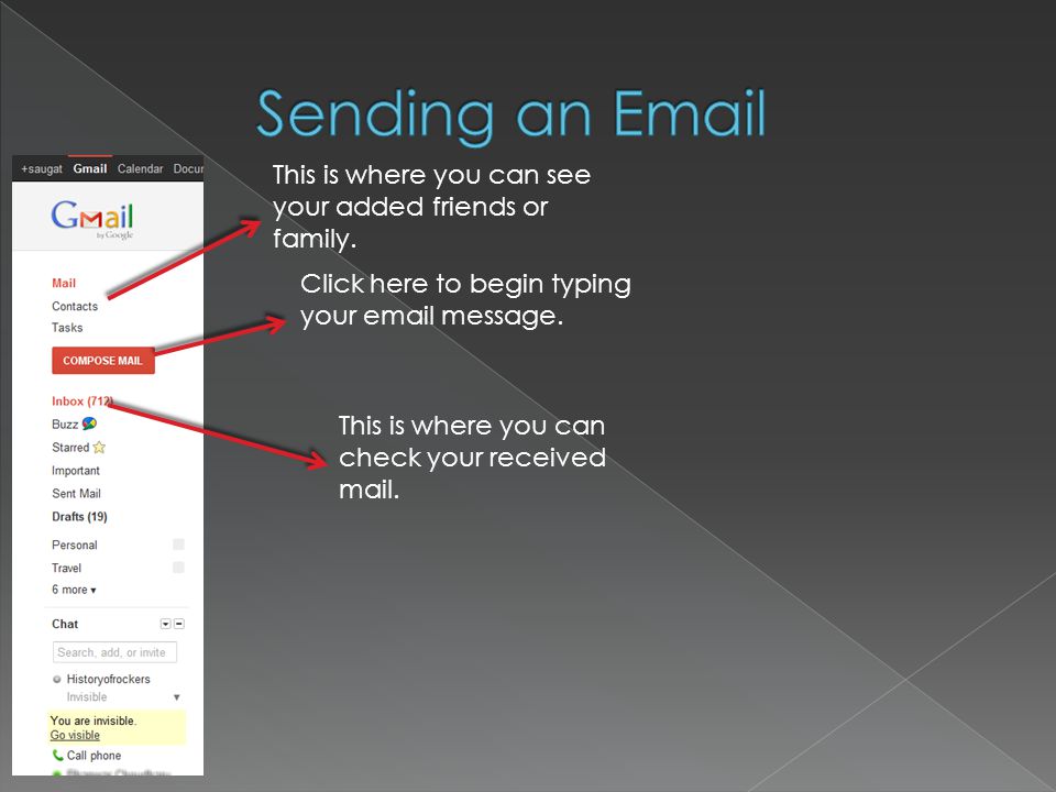 Click here to begin typing your  message. This is where you can check your received mail.