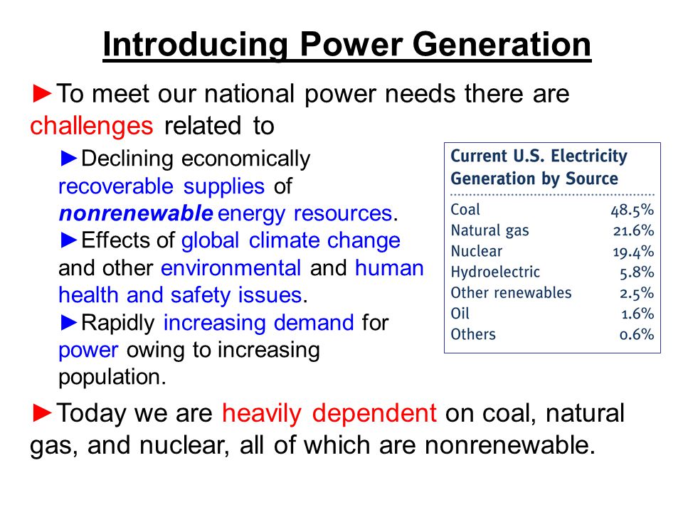 Introducing Power Generation ►To meet our national power needs there are challenges related to ►Today we are heavily dependent on coal, natural gas, and nuclear, all of which are nonrenewable.