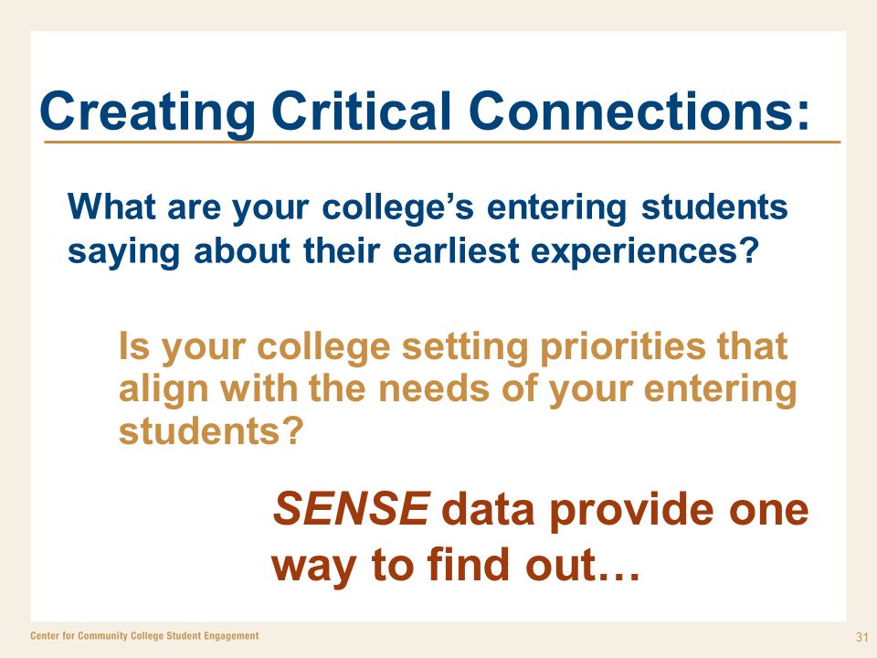Creating Critical Connections: What are your college’s entering students saying about their earliest experiences.