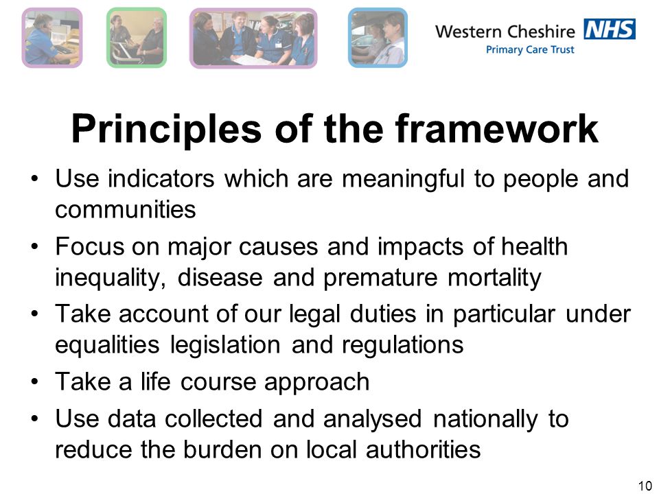 10 Principles of the framework Use indicators which are meaningful to people and communities Focus on major causes and impacts of health inequality, disease and premature mortality Take account of our legal duties in particular under equalities legislation and regulations Take a life course approach Use data collected and analysed nationally to reduce the burden on local authorities