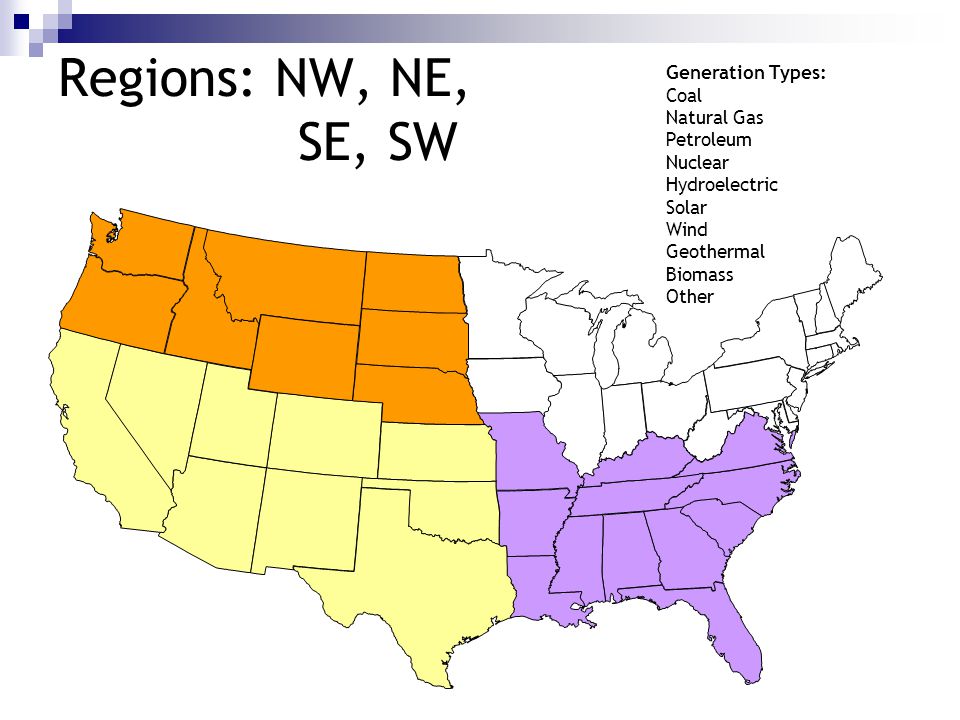 Regions: NW, NE, SE, SW Generation Types: Coal Natural Gas Petroleum Nuclear Hydroelectric Solar Wind Geothermal Biomass Other